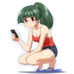  big_head casual cellphone cleavage denim denim_shorts glasses goriate green_hair long_hair pani_poni_dash! phone ponytail red_eyes sandals shorts squatting tachibana_rei 