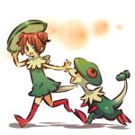  1girl blush_stickers breloom cosplay double_bun dress female hat hat_removed headwear_removed hitec human kneehighs moemon open_mouth personification pokemon pokemon_(creature) pokemon_(game) pokemon_rse red_hair redhead running smile tail 