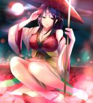  1girl bare_shoulders breasts cleavage collarbone detached_sleeves hat highres hizagawa_rau horn japanese_clothes kimono large_breasts long_sleeves oni oni_horns oni_mask original pointy_ears purple_hair red_eyes sash sitting solo wide_sleeves 