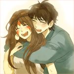  1girl ashitaka bad_id blush brown_hair closed_eyes couple earrings eyes_closed facepaint good_end happy headband hug hug_from_behind jewelry kikirara177 long_hair mononoke_hime san short_hair smile studio_ghibli 