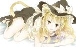  animal_ears apron blonde_hair blush bow braid brown_eyes cat_ears cat_tail dress frills hair_bow hair_ornament hat kirisame_marisa licking lying on_side solo tail tongue touhou wavy_hair witch witch_hat yatomi 
