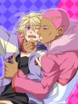  bad_id blonde_hair checkered checkered_background closed_eyes dark_skin earrings eyes_closed fingernails ivan_karelin jacket jewelry killingrock kiss letterman_jacket lipstick makeup male multiple_boys nathan_seymour pink_eyes pink_hair purple_eyes purple_jacket short_hair surprised sweat tiger_&amp;_bunny violet_eyes wince yaoi 