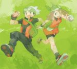  backpack bag bandana bandanna bare_shoulders bike_shorts black_hair brown_hair fanny_pack fingerless_gloves gloves green_eyes haruka_(pokemon) haruka_(pokemon)_(remake) haruka_(pokemon_emerald) pokemon pokemon_(game) pokemon_emerald pokemon_rse randoseru shoes short_hair short_twintails simple_background sleeveless sneakers twintails yapo_(mess) yuuki_(pokemon) yuuki_(pokemon)_(remake) yuuki_(pokemon_emerald) 