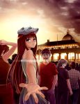  blue_eyes blush brown_hair dress evening foreshortening guy_fawkes_mask hand_in_pocket hand_on_head hands highres lens_flare long_hair mask misakamitoko0903 outstretched_hand sky v_for_vendetta 