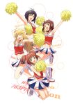  4girls black_eyes black_hair blonde_hair brown_hair casual cheerleader green_eyes highres hoshii_miki idolmaster idolmaster_2 kikuchi_makoto long_hair multiple_girls pom_poms short_hair takatsuki_yayoi tsurui wink 