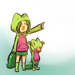  1girl arms_up blush_stickers cosplay female fgsfds footwear green_hair hair hitec hoodie human moemon open_mouth personification pointing pokemon pokemon_(creature) pokemon_(game) pokemon_rse scalie short_hair smile socks tail treecko yellow_eyes |_| 