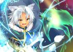  animal_ears armor bad_id cape cat_ears dog_days fang gaul_galette_des_rois lion_tail male open_mouth solo tail tsukumu white_hair yellow_eyes 