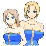  2girls bare_shoulders blonde_hair blue_eyes bodysuit breasts brown_hair bust character_request final_fantasy final_fantasy_tactics frown large_breasts long_hair monk_(fft) multiple_girls short_hair simple_background smile tsukudani_(coke-buta) white_background 
