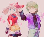  1girl bag bandana bandanna bike_shorts blue_eyes brown_hair flower gloves green_eyes green_hair haruka_(pokemon) holding holding_flower looking_back pokemon pokemon_(anime) pokemon_rse pokemon_ruby_and_sapphire rose shuu_(pokemon) smile yapo_(mess) 