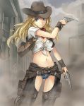  ammunition bandolier belt belt_buckle blonde_hair blue_eyes breasts chaps cleavage cowboy_hat cowgirl cutoffs denim denim_shorts dual_wielding front-tie_top gun hat holster long_hair midriff navel original revolver scarf short_shorts shorts smile smoke smoking_gun solo taiyou thigh_holster thighhighs tied_shirt vest weapon western wristband 