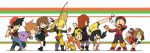  5boys blue_(pokemon) brown_hair crystal_(pokemon) cue_stick fishing_rod gold_(pokemon) hat highres holding holding_fishing_rod holding_poke_ball long_hair long_image multiple_boys multiple_girls odamaki_sapphire ookido_green poke_ball pokemon pokemon_blue pokemon_crystal pokemon_gold_and_silver pokemon_gsc pokemon_red_and_green pokemon_rgby pokemon_rse pokemon_ruby_and_sapphire pokemon_special pokemon_yellow red_(pokemon) ruby_(pokemon) silver_(pokemon) usikani waist_poke_ball wide_image yellow_(pokemon) 