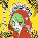  city colored_pupils green_hair gumi hoodie matryoshka_(vocaloid) open_mouth red_eyes smile solo suikasen tongue vocaloid yellow_pupils 
