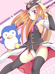  animal_hat bird black_legwear bridal_gauntlets hat long_hair mawaru_penguindrum orange_hair penguin penguin_2-gou pizanuko princess_of_the_crystal purple_eyes skirt solo takakura_himari thigh-highs thighhighs violet_eyes 