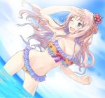  :d atelier atelier_(series) atelier_meruru bikini blue_background blue_eyes breasts cleavage crown dutch_angle floral_print frilled_bikini frills fura long_hair merurulince_rede_arls mini_crown open_mouth pink_hair shading_eyes sky smile solo swimsuit wading wink yellow_bikini 