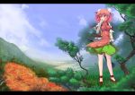  bandages breasts bun_cover chinese_clothes cuffs double_bun flower hair_bun ibara_kasen ibaraki_kasen landscape letterboxed pink_eyes pink_hair pink_rose qontamblue rose scenery shackle short_hair skirt solo standing touhou tree 