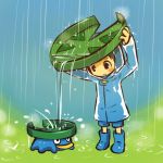  blue_hair blush_stickers boots cosplay hitec human leaf lotad male moemon personification pokemon pokemon_(creature) pokemon_(game) pokemon_rse pouring rain raincoat shorts smile water 