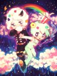  1girl blue_eyes chibi child cloud couple foo_fighters green_hair hat jojo_no_kimyou_na_bouken mirihiko rainbow weather_report 