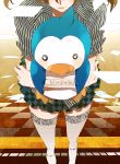  bird blush brown_hair camelot checkered checkered_floor fishnet_legwear fishnet_stockings fishnets foreshortening head_out_of_frame hug legwear lowres mawaru_penguindrum penguin penguin_2-gou thigh-highs thighhighs title_drop zettai_ryouiki 