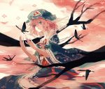  butterfly cherry_blossoms clea ghost hat japanese_clothes kimono obi petals pink_eyes pink_hair saigyouji_yuyuko solo touhou triangular_headpiece 