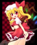  ascot blonde_hair checkered checkered_background fang finger_to_mouth flandre_scarlet geogeo hat laevatein midriff open_mouth pointing red_eyes side_ponytail skirt solo the_embodiment_of_scarlet_devil touhou wings 