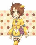  ahoge bag brown_eyes brown_hair hair_bobbles hair_ornament l_a_n_a norma_beatty open_mouth polka_dot polka_dot_background short_hair skirt smile solo tales_of_(series) tales_of_legendia thigh-highs thighhighs yellow_background yellow_legwear 