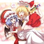  :d :o ^_^ ascot bat_wings blonde_hair blue_hair blush chair closed_eyes cup eyes_closed fangs flandre_scarlet glomp hat hat_removed headwear_removed heart hug mount_whip multiple_girls necktie open_mouth outstretched_hand red_eyes remilia_scarlet shirt short_hair siblings side_ponytail sisters skirt skirt_set smile speech_bubble spilling spoken_heart tackle tea teacup touhou wings 