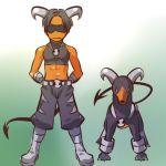  1boy arms_behind_back belt black_hair boots cosplay dark_skin hair hitec horns houndoom human jewelry knee_boots looking_at_viewer male midriff moemon necklace pants personification pokemon pokemon_(creature) pokemon_(game) pokemon_gsc short_hair sunglasses tail 