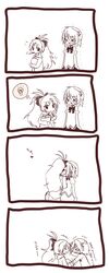  &gt;_&lt; artist_request closed_eyes comic eyes_closed highres incipient_kiss mahou_shoujo_madoka_magica miki_sayaka monochrome mouth_hold pocky sakura_kyouko school_uniform translated translation_request yuri 