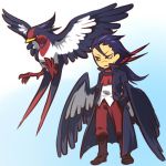  1boy bird boots coat cosplay hand_in_pocket hitec human knee_boots male moemon personification pokemon pokemon_(creature) pokemon_(game) pokemon_rse ponytail purple_hair red_eyes swellow wings 