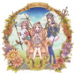  armchair atelier atelier_(series) atelier_meruru blue_eyes brown_eyes brown_hair crown dress flower gyoden_maguro hat highres long_hair merurulince_rede_arls multiple_girls pink_hair rororina_fryxell smile staff title_drop totooria_helmold yellow_dress 