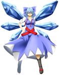  adult bad_id belt blue_eyes blue_hair boots bow breasts cirno cirno-nee cleavage dress hair_bow highres ice niwatazumi solo touhou wings 