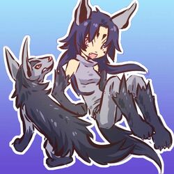  1girl bare_shoulders blue_hair claws cosplay elbow_gloves facial_mark fang female gloves hair hitec human kneehighs long_hair mightyena moemon open_mouth personification pink_eyes pokemon pokemon_(creature) pokemon_(game) pokemon_rse sleeveless sleeveless_turtleneck tail turtleneck 