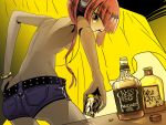  alcohol back bangs bare_back blunt_bangs bottle bracelet breasts brown_eyes cat from_behind glass headphones jewelry kanipanda nekomura_iroha pink_hair ponytail short_shorts shorts solo topless underboob vocaloid whiskey 