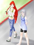  bad_id blue_eyes casual contemporary highres hong_meiling izayoi_sakuya jeans long_hair midriff multiple_girls navel niwatazumi no_hat no_headwear red_hair redhead shoes short_hair sneakers the_embodiment_of_scarlet_devil torn_clothes torn_jeans touhou 