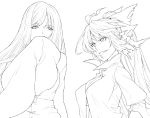  bow breasts cleavage covering covering_face covering_mouth face fangs fujiwara_no_mokou grin hair_bow hiroya_juuren houraisan_kaguya large_breasts lineart long_hair monochrome multiple_girls no_bra ponytail shirt sleeves_past_wrists slit_pupils smile smirk torn_clothes touhou wide_sleeves 