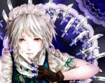 between_fingers braid face gloves izayoi_sakuya knife lace maid_headdress o-zone red_eyes silver_hair solo throwing_knife too_many_knives touhou twin_braids weapon 