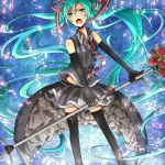  aqua_eyes aqua_hair belt elbow_gloves flower gloves hatsune_miku kirishino long_hair microphone microphone_stand necktie open_mouth skirt solo thigh-highs thighhighs twintails very_long_hair vocaloid 