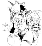  alternate_wings animal_ears bat_wings breasts dress fingernails foreshortening hat highres kazami_tomo long_fingernails monochrome mystia_lorelei open_mouth reaching short_hair solo touhou wings 