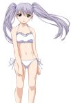  1girl bikini brown_eyes highres hoshino_ruri kidou_senkan_nadesico light_smile long_hair navel side-tie_bikini silver_hair smile solo swimsuit twintails white_background 