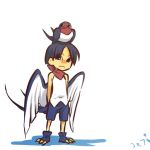  1boy bandana bare_shoulders bird blue_eyes blue_hair cosplay frown hair hitec human male moemon multiple_tails personification pokemon pokemon_(creature) pokemon_(game) pokemon_rse shadow shorts sitting sitting_on_head sitting_on_person sleeveless tail taillow translation_request wings 