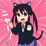  animal_ears black_hair blush_stickers brown_eyes cat_ears cat_tail fang k-on! kimineri long_hair lowres nakano_azusa open_mouth ribbon skirt solo tail translation_request twintails 