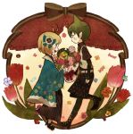  amaimon ao_no_exorcist blonde_hair blush boots bouquet bow candy couple flower green_eyes green_hair hair_flower hair_ornament happy japanese_clothes madalshimo moriyama_shiemi necktie nii_(ao_no_exorcist) open_mouth profile short_hair tulip waistcoat 