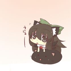  animal_ears black_eyes black_hair blush bow cat cat_ears cat_tail chibi fang hair_bow hazuki_ruu kaenbyou_rin kaenbyou_rin_(cat) kemonomimi_mode long_hair open_mouth reiuji_utsuho skirt sparkle tail touhou unyu 