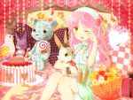  birthday bunny cake cat checkered chicken flower food gift heart highres okitune-sama original pink_hair polka_dot rabbit rose stuffed_animal stuffed_toy teddy_bear yellow_eyes 