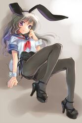  bunny_ears bunny_tail bunnysuit choker high_heels katahira_masashi long_hair open_shoes open_toe_shoes original pantyhose platform_footwear purple_eyes rough school_uniform serafuku shoes silver_hair solo tail violet_eyes wavy_hair wrist_cuffs 