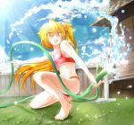  barefoot bikini blonde_hair cloud feet flat_chest grass highres hose lens_flare long_hair magu_(mugsfc) nail_polish one_knee outdoors outside side_ponytail solo splash splashing sunbeam sunlight swimsuit tankini vocaloid water yellow_eyes 