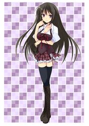  akaba_chizuru bad_id black_hair boots breasts cleavage highres knee_boots long_hair nanahosi_seiiki purple_eyes school_uniform seitokai_no_ichizon thigh-highs thighhighs violet_eyes 