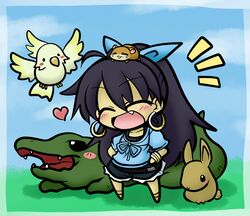  alligator bird black_hair blush bow bunny chibi closed_eyes crocodile crocodilian earrings eyes_closed fang ganaha_hibiki hair_bow hamster hamuzou heart idolmaster jewelry long_hair ponytail yanagi_(artist) yanagi_(nurikoboshi) 