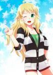  casual green_eyes hoshii_miki idolmaster idolmaster_2 inusaki long_hair shirt striped striped_shirt wink 