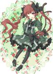  animal_ears black_legwear bow braid cat_ears cat_tail dress fang flower green_dress hair_bow hand_on_own_face hand_to_face harukaruha highres kaenbyou_rin multiple_tails open_mouth pantyhose pink_eyes red_hair red_rose redhead rose solo tail touhou twin_braids wink 